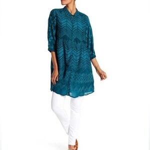Johnny Was Blouse Top Long Tunic Floral Embroidered Teal Turquoise, Size Small